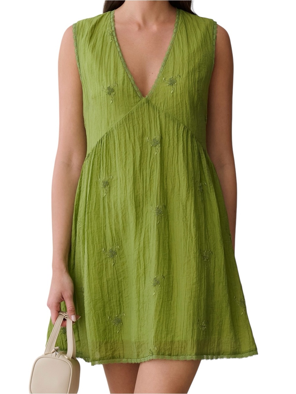 Kourt Few Moda Stefania Dress Grass Green Embroidery Lace Crinkle Fabric
